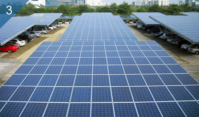 停車棚與模組一體成型，兼具遮陽遮雨與照明之功能。和鑫光電停車棚