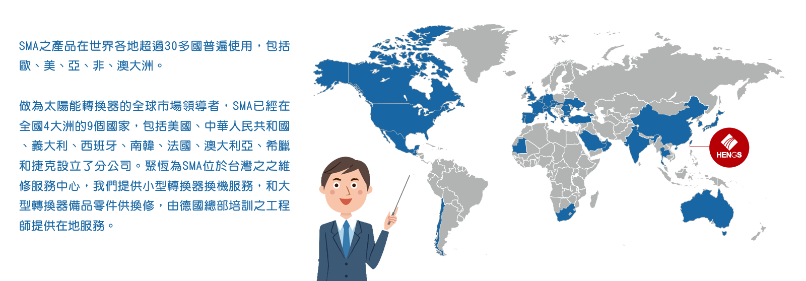 SMA之產品在世界各地超過30多國普遍使用，包括歐、美、亞、非、澳大洲。做為PV Inverter的全球市場領導者，SMA已經在全國4大洲的9個國家，包括美國、中華人民共和國、義大利、西班牙、南韓、法國、澳大利亞、希臘和捷克設立了分公司。位於台灣的聚恆則為灣之維修服務中心，我們提供小型轉換器換機服務，和大型轉換器備品零件供換修，由德國總部培訓之工程師提供在地服務。
