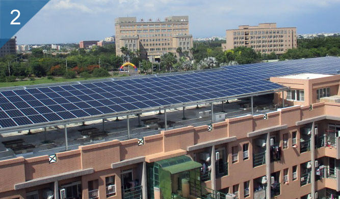 大樓社區因屬於集合式住宅，太陽能電力通常會應用在公共設施，以節省社區所耗電能。安南學苑